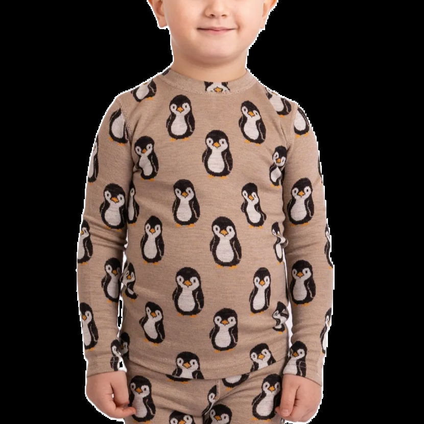 T-shirt pour enfants en mérinos à manches longues avec pingouins, marron