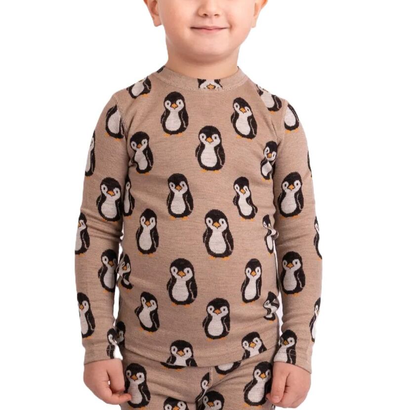 T-shirt pour enfants en mérinos à manches longues avec pingouins, marron