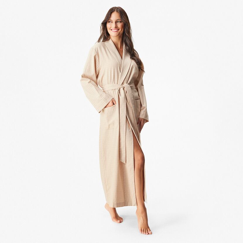 Damen-Bademantel aus Flanell mit Merinowolle Streifen beige