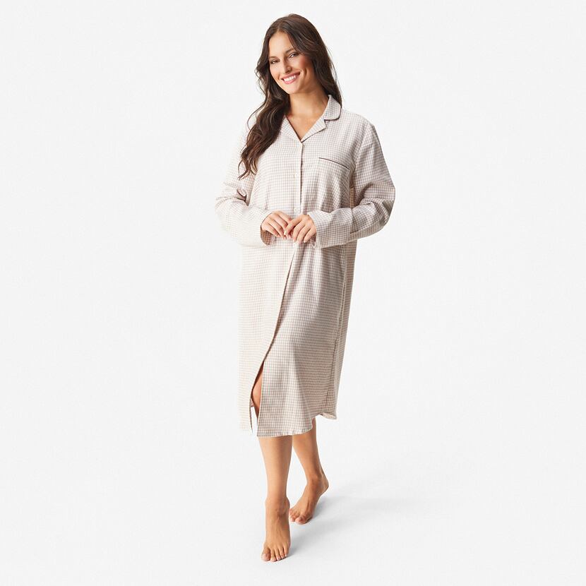 Damen-Nachthemd aus Flanell mit Merinowolle, kariert beige