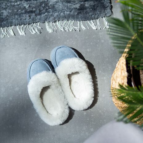 Women's “Vanesa“ Leather Slippers with Wool Lining Blue