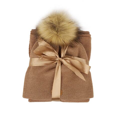 Set de lână de damă, fular de gât și căciulă cu pompon maro