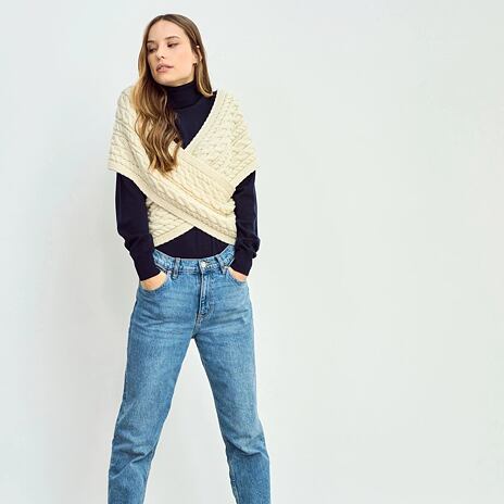 Merino wikkelplaid met knopen, naturel