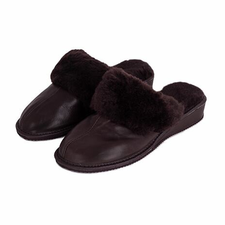 Women's leather wedge slippers with sheep wool Dark brown