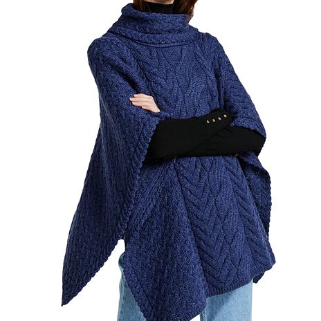 Wollen poncho Supersoft Merino met kraag, donkerblauw