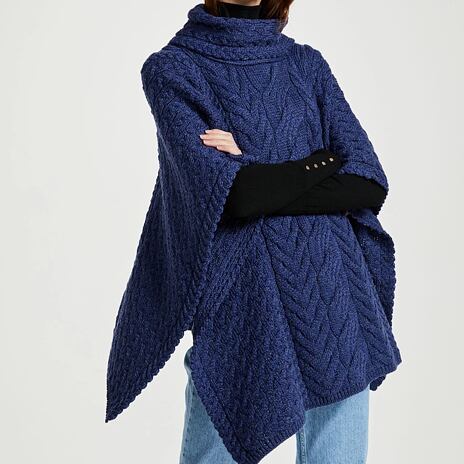 Wollen poncho Supersoft Merino met kraag, donkerblauw