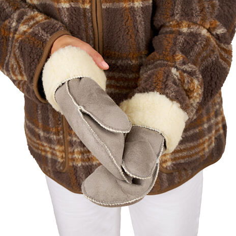 Leather mittens with sheep wool gray
