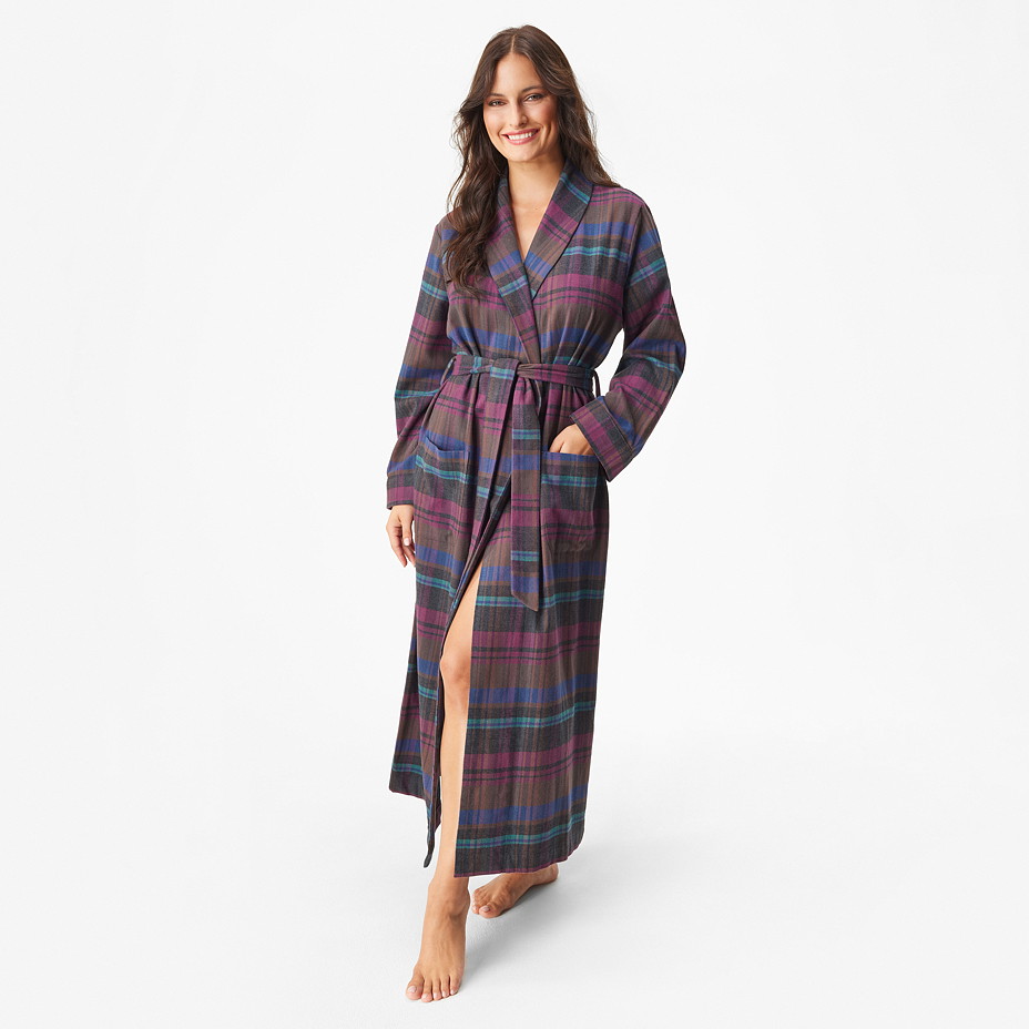 Damen-Bademantel aus kariertem Flanell lila
