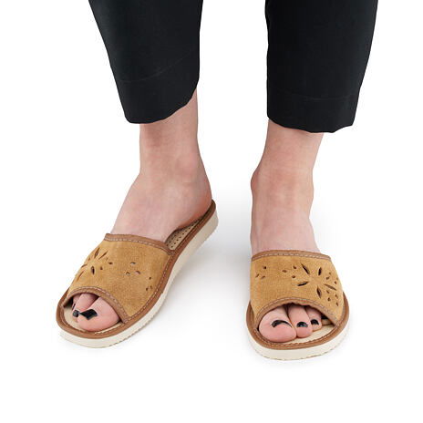 Women’s Summer Leather Open-Toe Slippers Brown Bloom