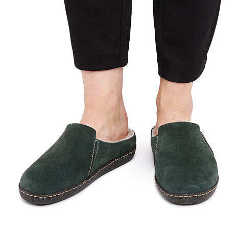 Women’s Pavla Leather Slippers with Wool Lining Dark Green