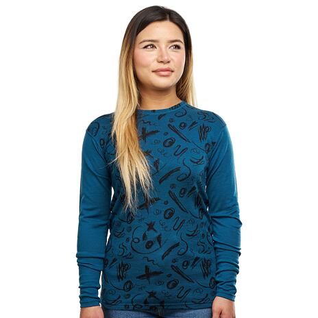 Merino T-Shirt mit langen Ärmeln für Damen gemustert blau