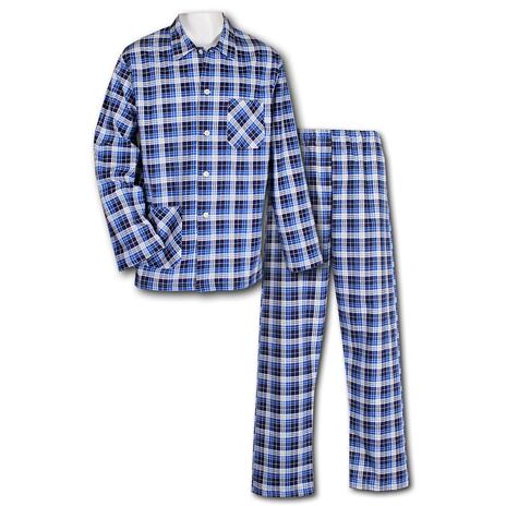 Men's Long-sleeved Checkered Flannel Pajamas Blue-White