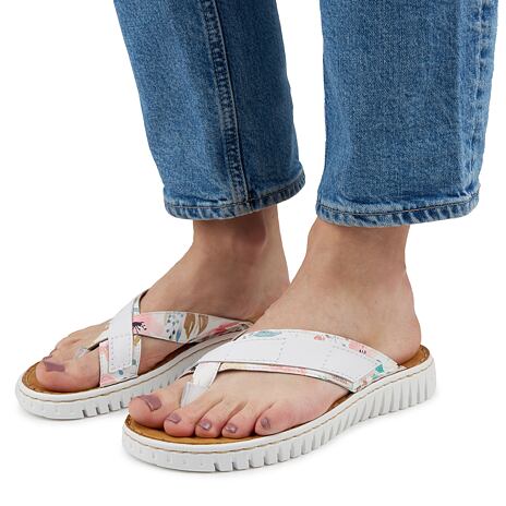 Leder-Flip-Flops für Damen mit Blumenmuster weiß