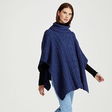 Wollen poncho Supersoft Merino met kraag, donkerblauw