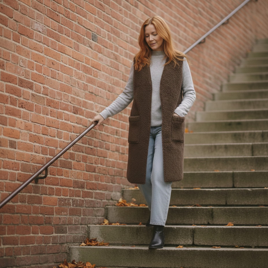 Vesta Merino lungă cu buzunare maro