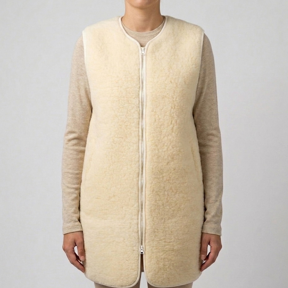 Prodloužená vlněná vesta na zip přírodní