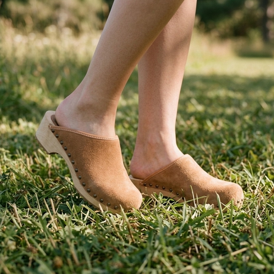 Damen Leder anatomische Clogs mit Nieten, braun