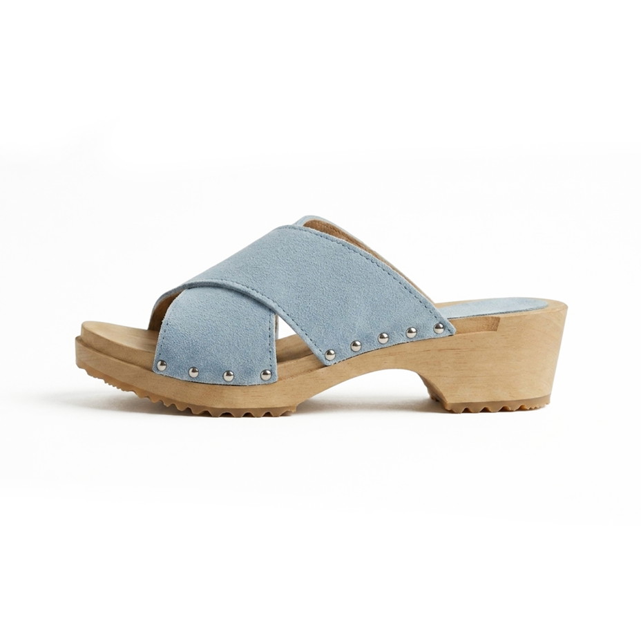 Dames zomerse leren klompen met klinknagels, blauw