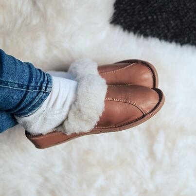 Women's Leather Wedge Heel Slippers with Wool Lining - Light Brown