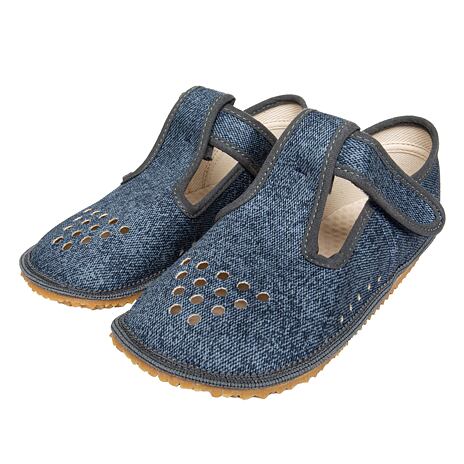 Kinder barefoot sloffen van textiel met klittenband ”Beda” blauw