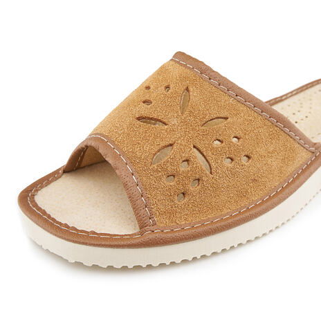 Women’s Summer Leather Open-Toe Slippers Brown Bloom