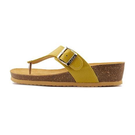 Leder-Flip-Flops mit Korksohle auf Keilabsatz für Damen Agata gelb