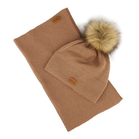 Set de lână de damă, fular de gât și căciulă cu pompon maro