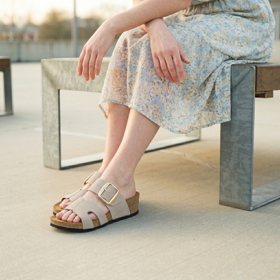 Dames kurken slippers met sleehak Ilona, lichtgrijs