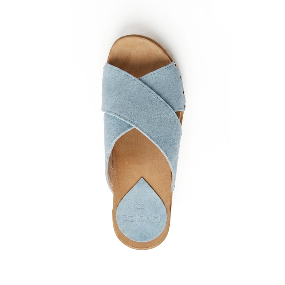 Dames zomerse leren klompen met klinknagels, blauw