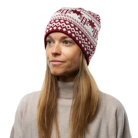 Bonnet Vlnka V42 en laine avec un motif norvégien rouge