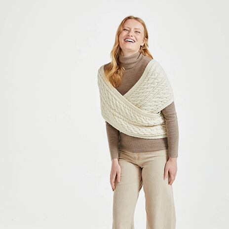 Merino wikkelplaid met knopen, naturel