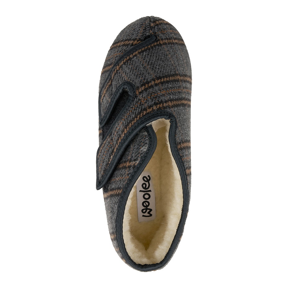 Pánská zateplená obvazová obuv s ovčí vlnou na suchý zip káro šedá