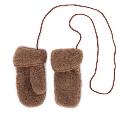 Children's Wool Mittens with String - Brown