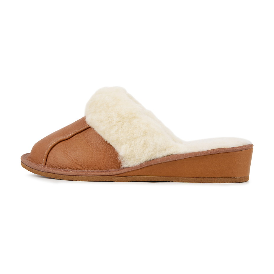 Dámské kožené papuče na klínku s Merino vlnou světle hnědá