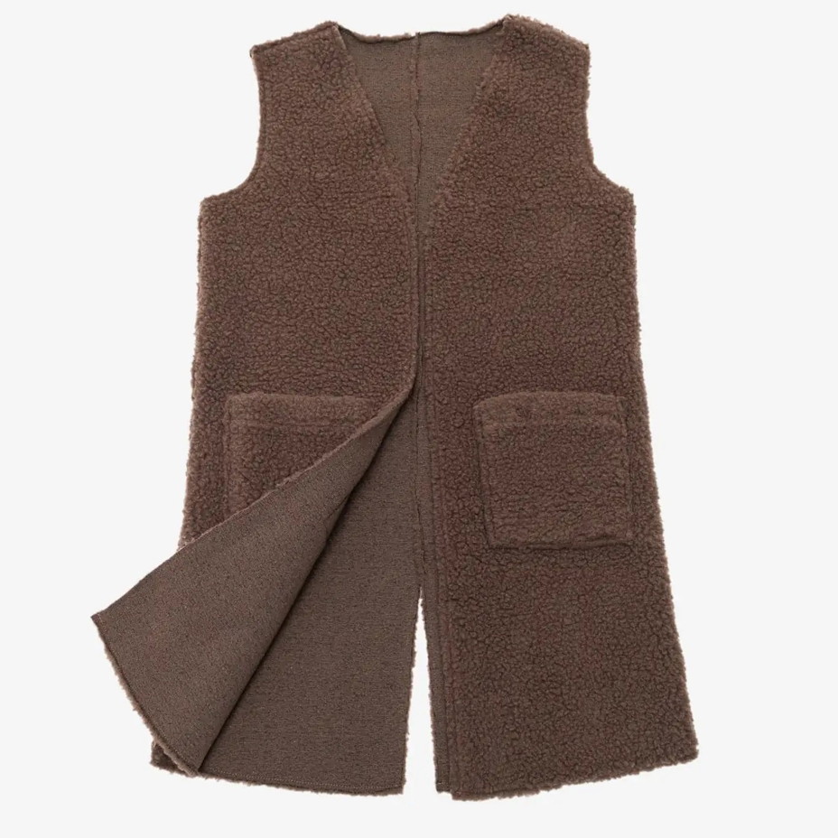 Vesta Merino lungă cu buzunare maro
