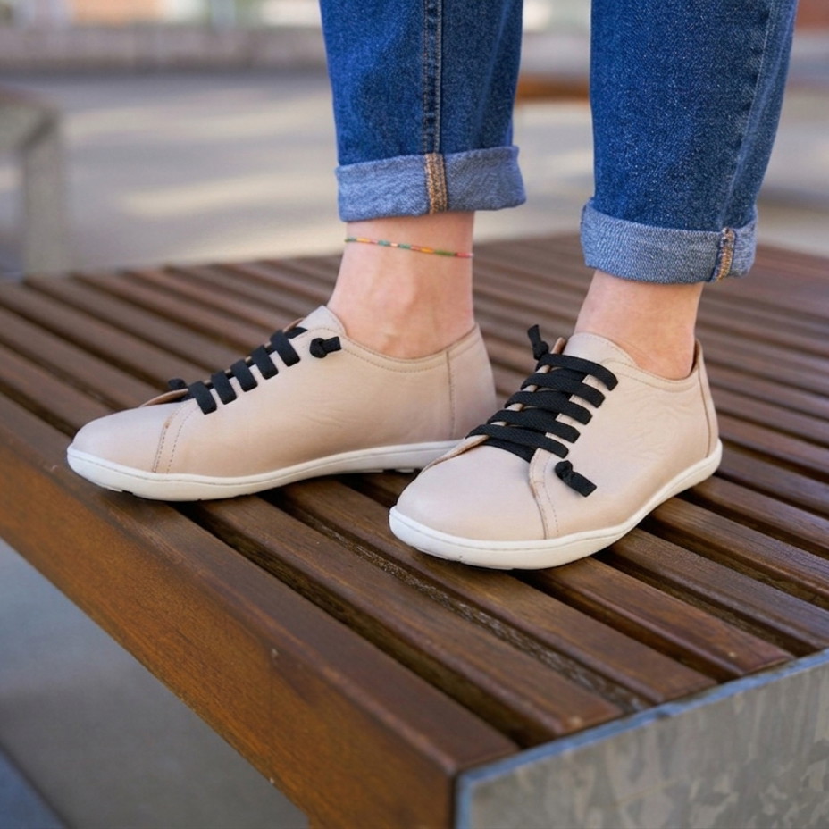Women's leather barefoot sneakers with elastic Onyx, beige