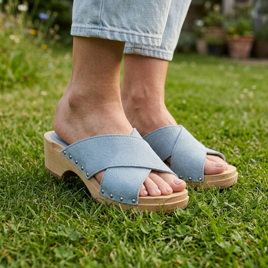 Dames zomerse leren klompen met klinknagels, blauw