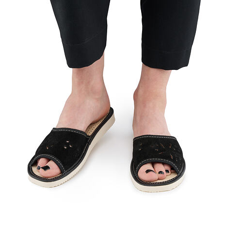 Dames zomer lederen slippers zonder teen bloemen zwart