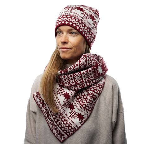 Bonnet Vlnka V42 en laine avec un motif norvégien rouge