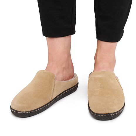 Dames leren Pavla pantoffels met schapenwol beige