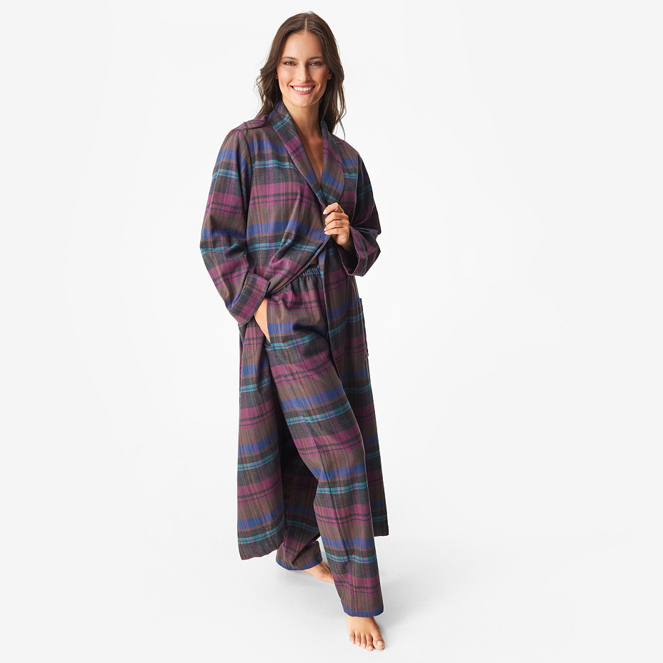 Damen-Bademantel aus kariertem Flanell lila