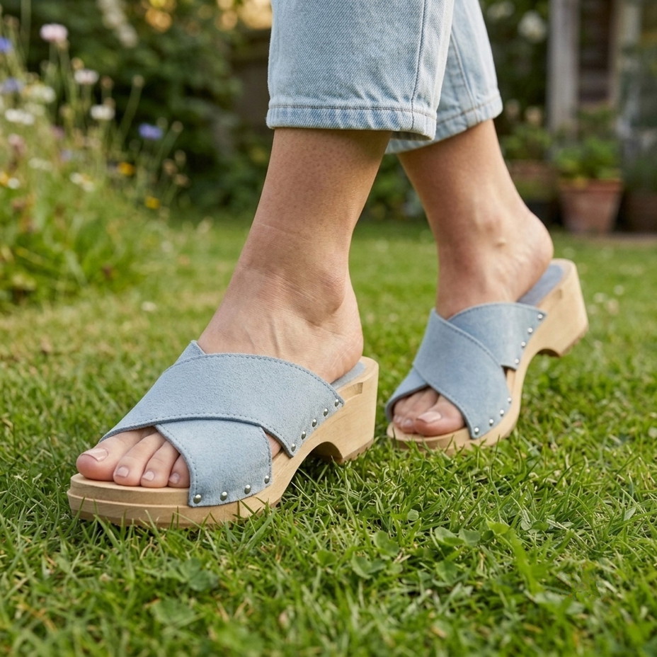 Dames zomerse leren klompen met klinknagels, blauw
